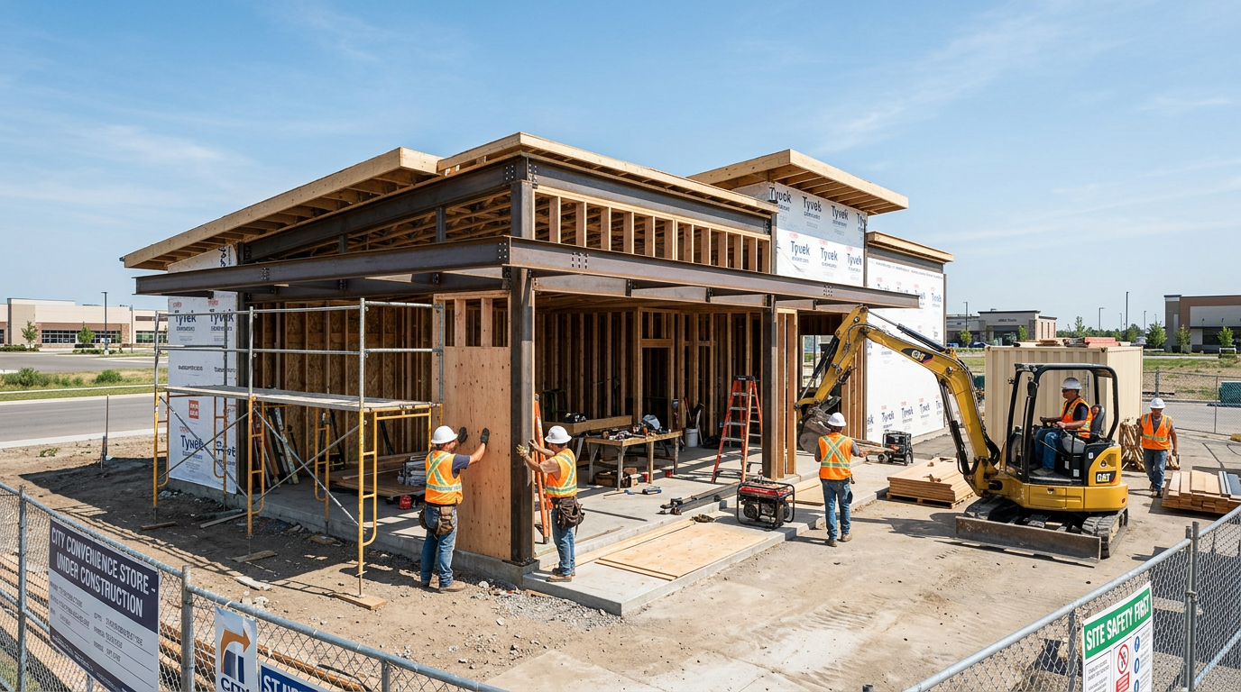 Active Allianze Construction commercial build site with crew and steel framing